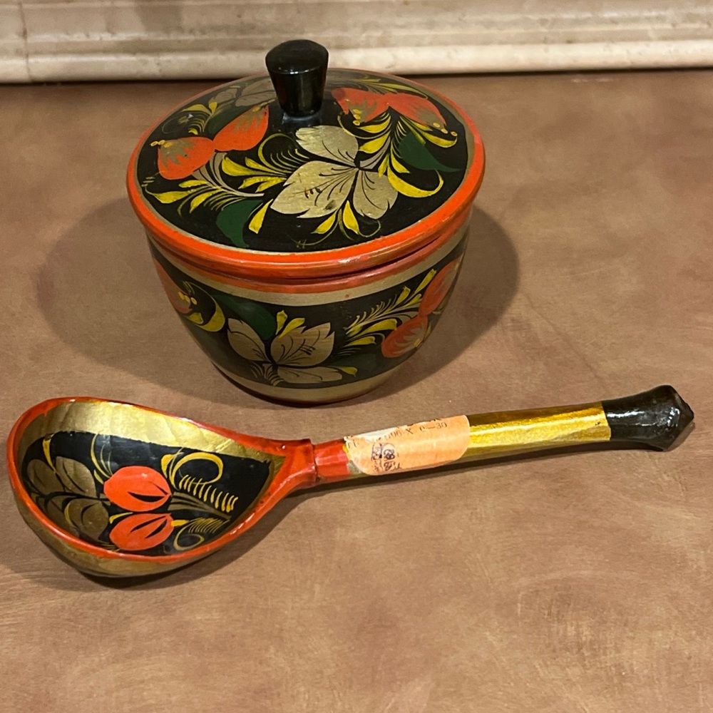 Vintage Wooden , Hand-Painted Folk art Bowl and Spoon Set, made in USSR, Used - Picture 1 of 4